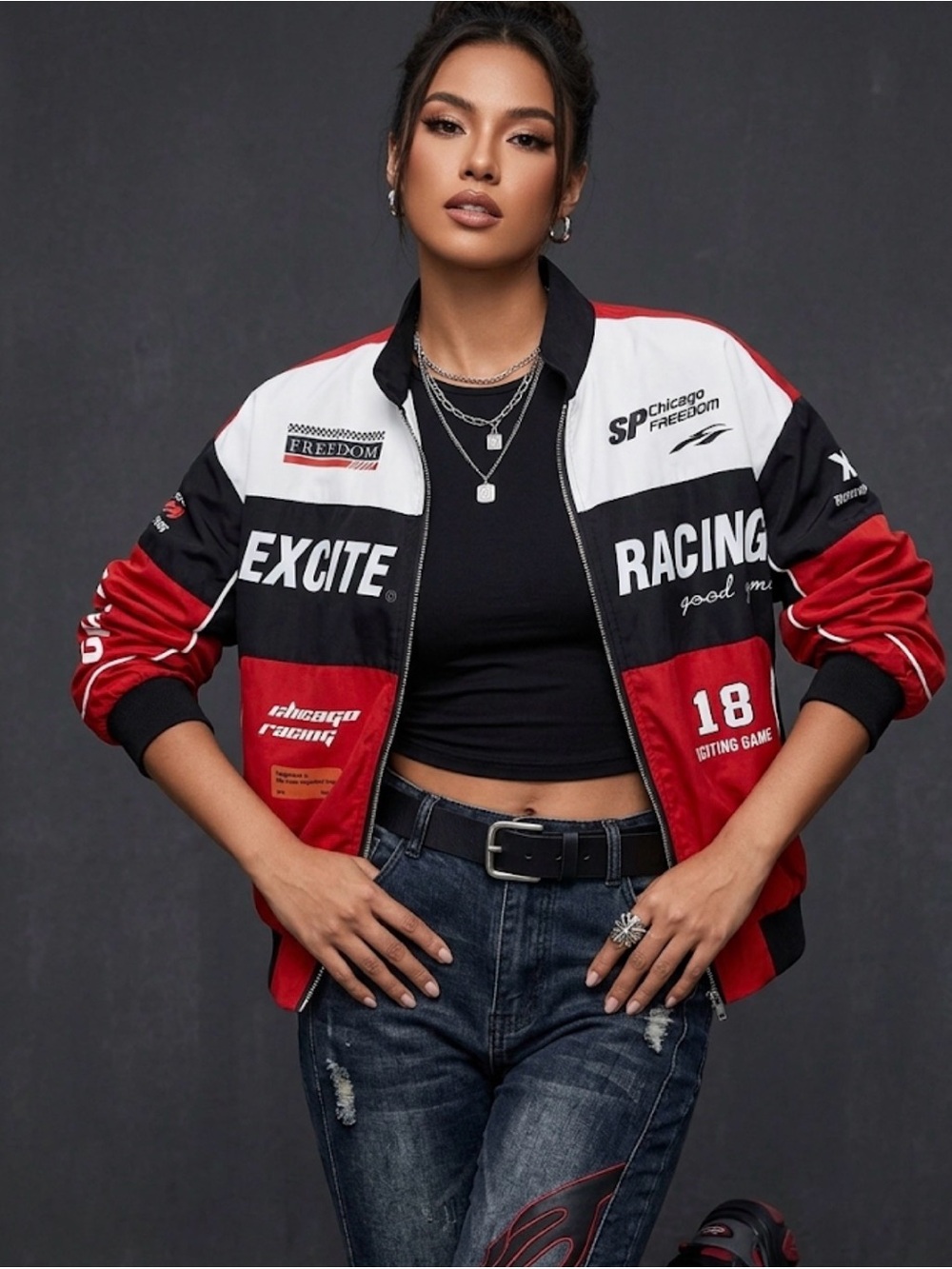 Racing Graphic Bomber Jacket - Red, Black & White